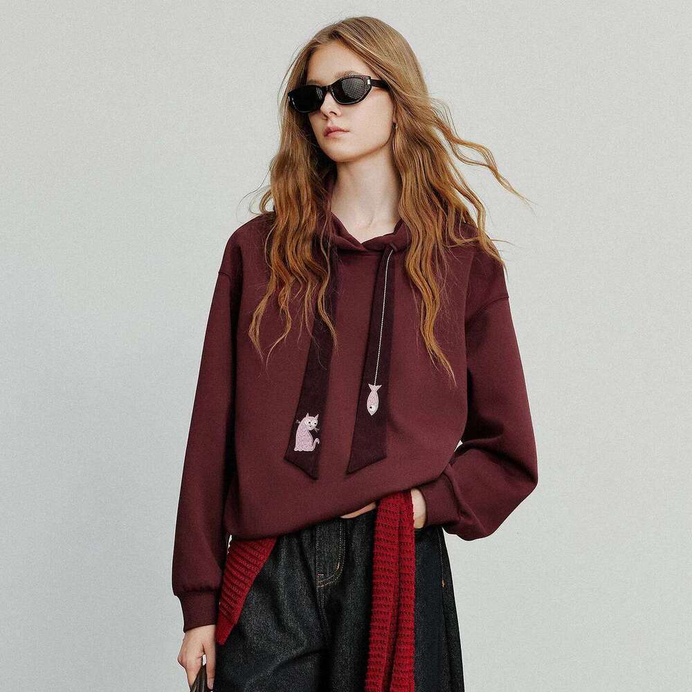 Women Hoodies Sweatshirt 2025 Autumn New College Style Cat Embroidery Tie Cotton Hooded Pullover Tops