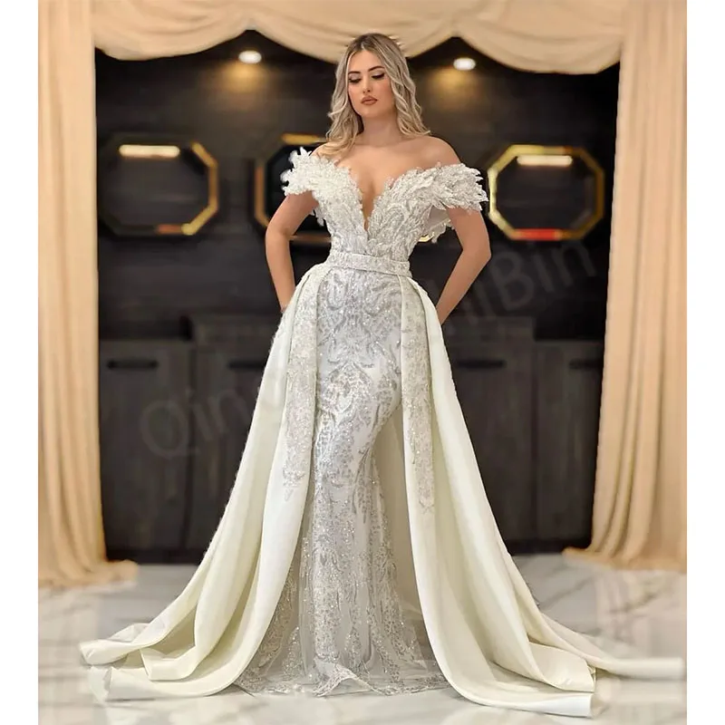 Exquisite Beaded Wedding Dresses Off Shoulder Sleeveless Detachable Train Sequin Bridal Gowns Customized Vestidos De Novia