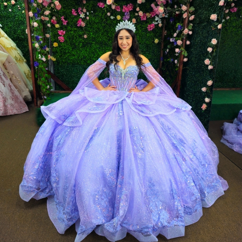 Lavender Shiny Quinceanera Dresses Ball Gown Off The Shoulder Applique Lace Beading Crystal Bow Corset Party Birthday Sweet 16 Dres Vestidos 15 Anos