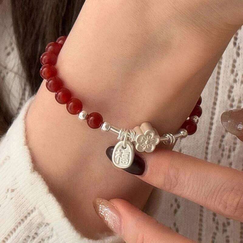 VENTFILLE 925 Sterling Silve Red Agate Bracelet for Women Flower Pendant Lucky Bead Jewelry Gift 25H1229