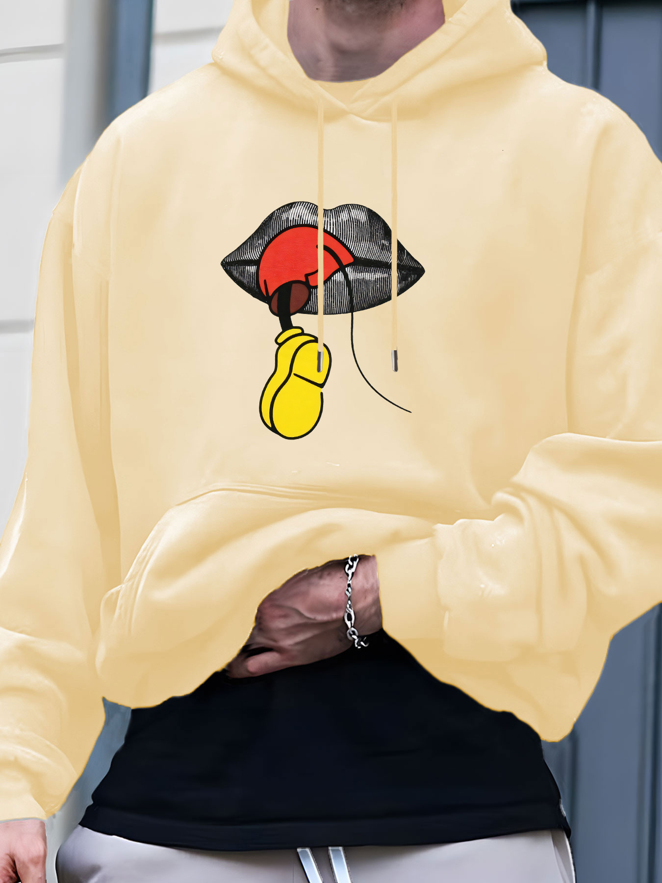 Men'S Casual Print - Blend, Long Sleeve Pullover Front Pocket, Black with Red Yellow Eye Design, Perfect for Fall & Winter, Autumn Winter Apparel