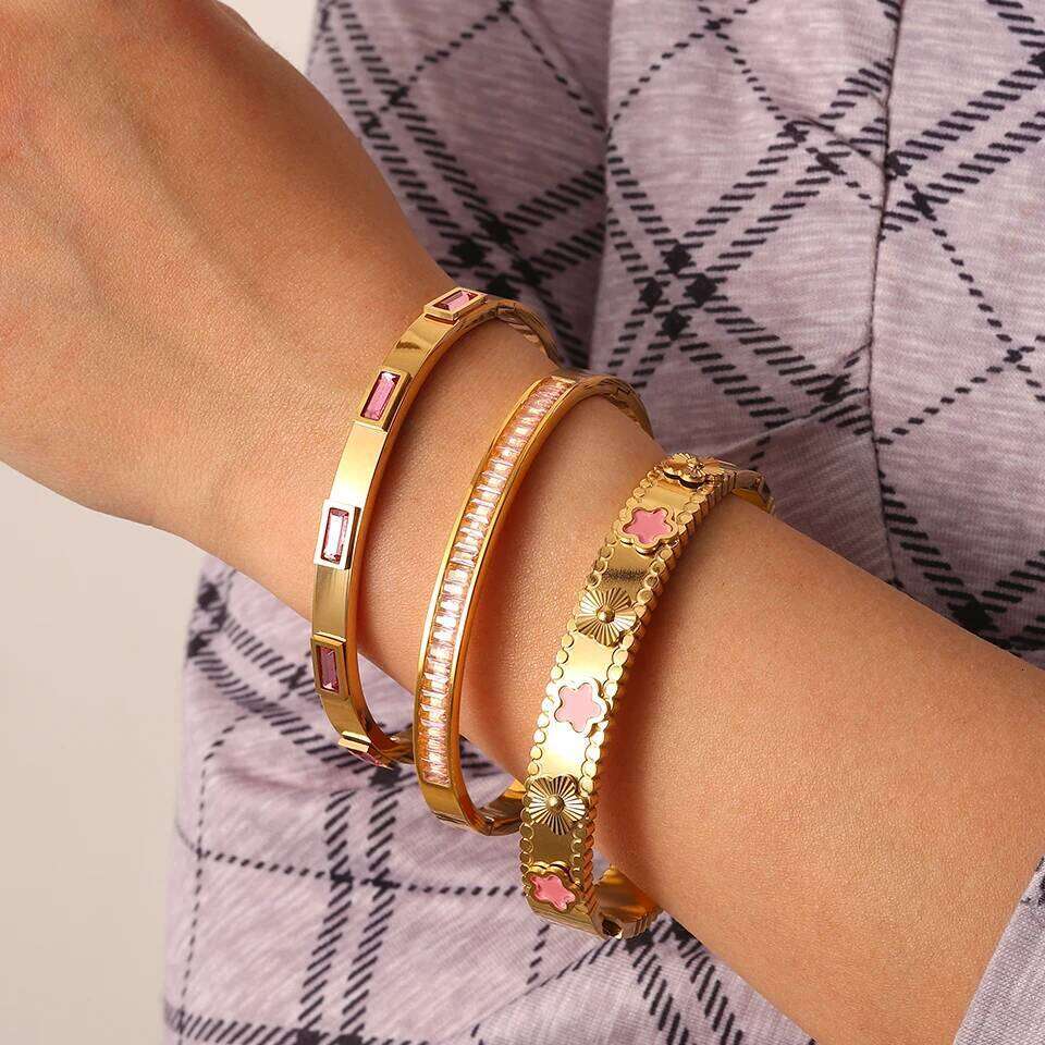 ZAKOL Luxury Pink Geometric Zircon Stainless Steel Bracelets for Women Gold Color Open Bangle Anniversary Jewelry Gifts 2025 New