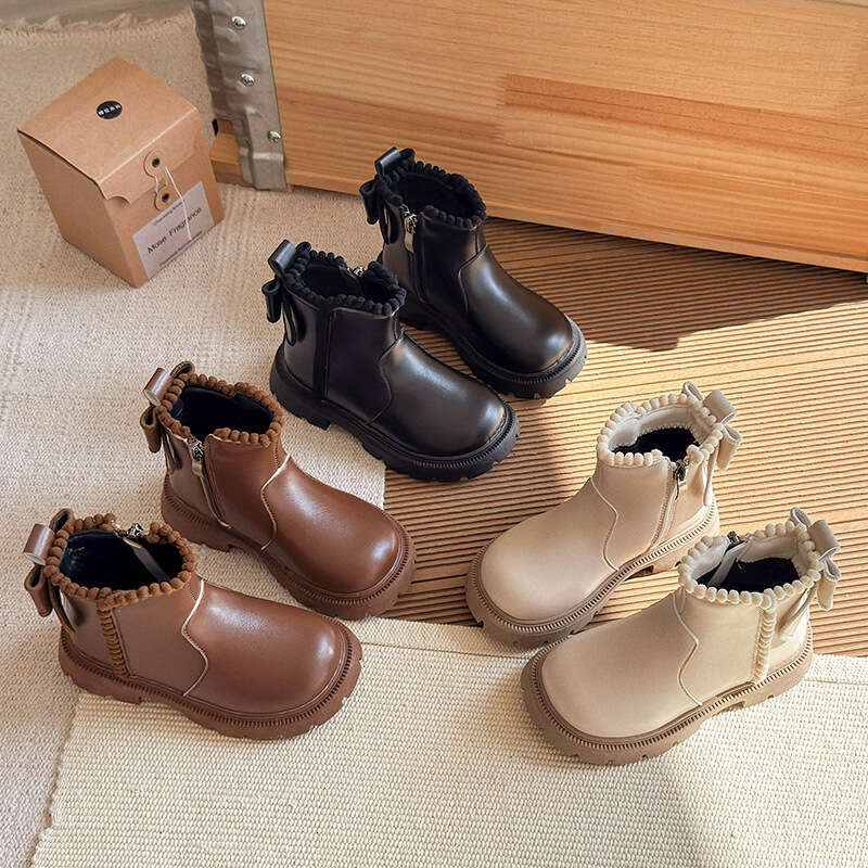 Children's British Style Short 2025 Autumn Winter New Korean Version Girls' Soft Sole Princess Martin Fleece Lined Leather Boots