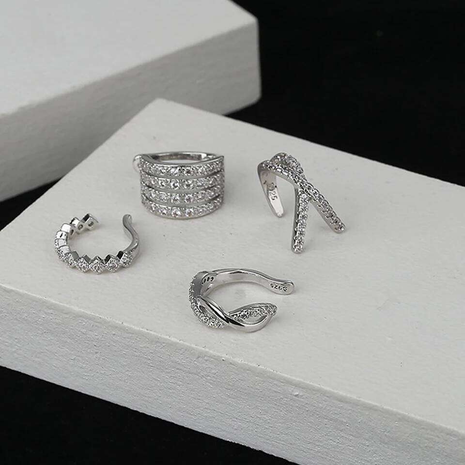 ZAKOL 4Pcs/1Pcs Creative Silver Color Zirconia Clip on Earrings for Women Geometric Ear Cuff Without Piercing Girl Jewelry