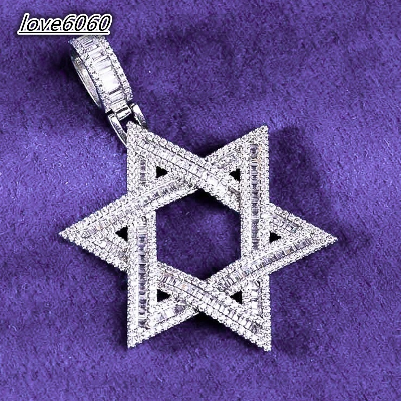 Hip Hop Iced Out 925 Sterling Silver Pass Diamond Tester VVS Baguette Moissanite Hexagram Star of David Pendant for Men