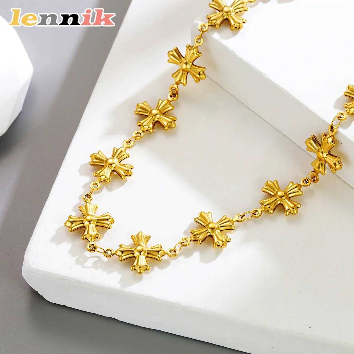 LENNIK Roman Byzantine Style Retro Gold Carved Cross Womens Bracelet Necklace High-quality Niche Personalized Chain Jewelry Y251227