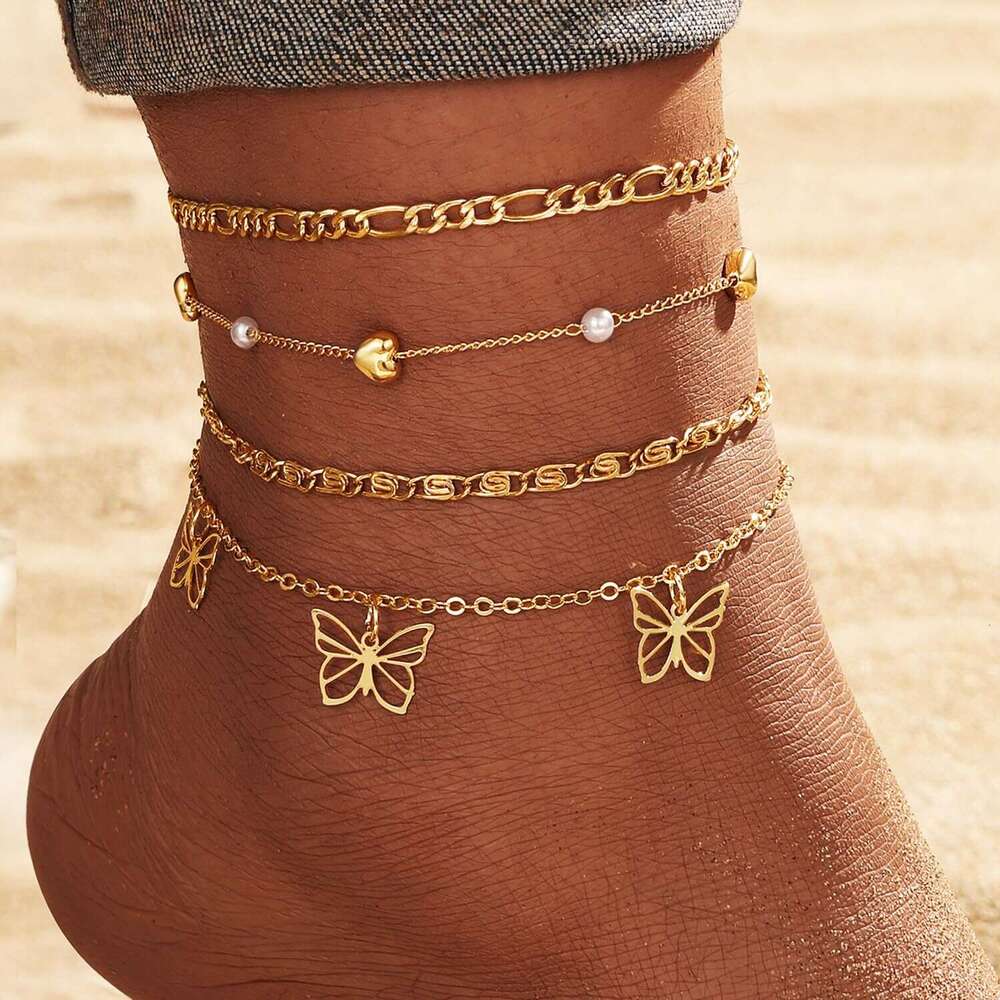 Cross-Border New Fashion Women's Gold Anklet Star Butterfly Pendant Layered Set Beach Multi-Layer Chain