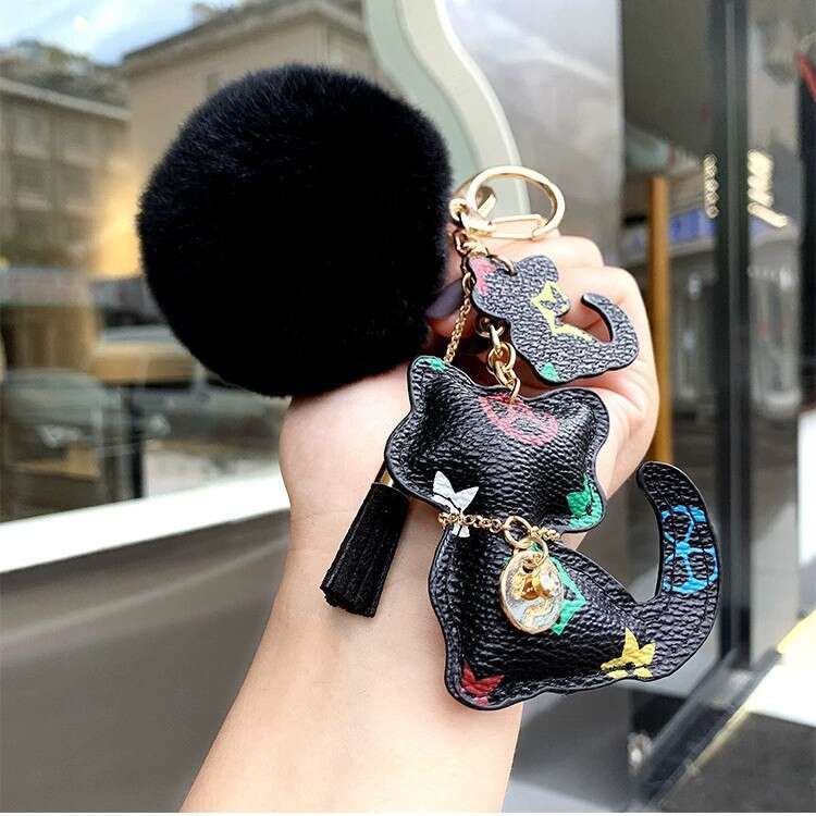 Leather Kitten Keychain with Cotton Filling Luxury-inspired Women's Handbag Pendant Adorable Car Ornament