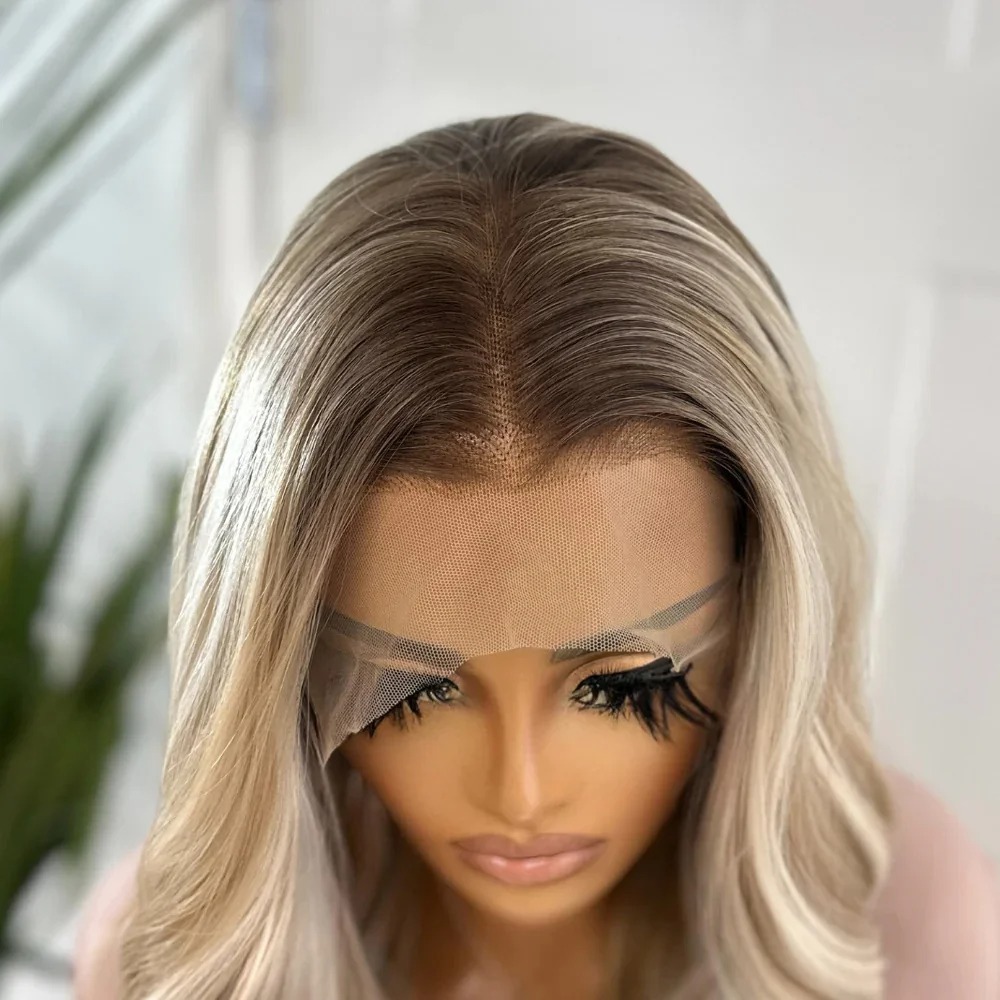 Highlight Ombre Ash Blonde Transparent Lace Front Wigs Long Body Wave Hd Lace Frontal Glueless Wig Heat Resistant Synthetic Fiber Hair For Women Daily