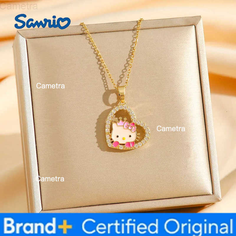 Sanrio Sweet Zircon Hello Kitty Love Heart Pendant Necklaces for Women Girls Gold Color Stainless Steel Chain Jewelry Gifts H251229