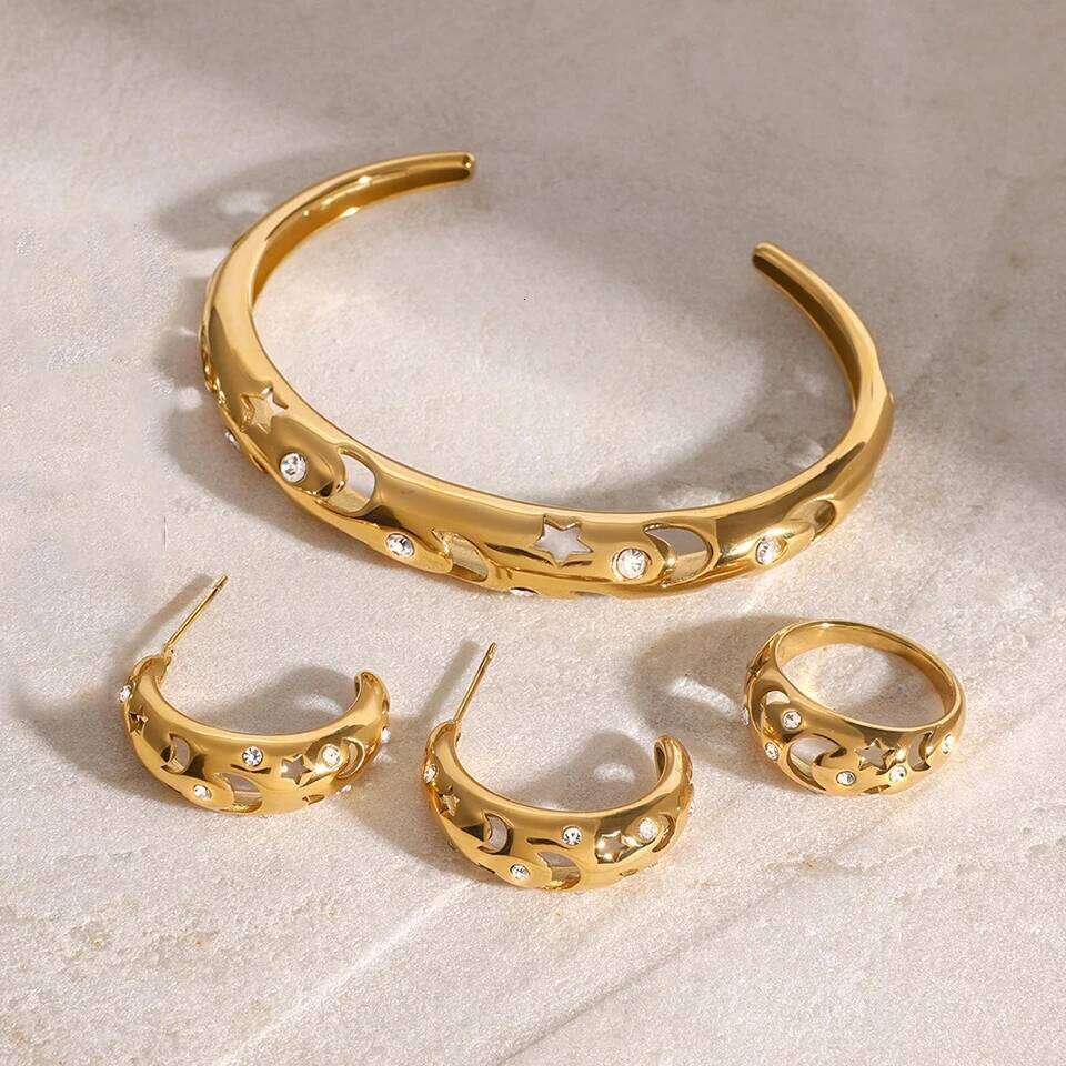 ZAKOL New Stainless Steel Hollow Star Moon Bracelet&Ring&Earrings Set for Women 18K Gold Plated Non-fading Jewelry Gift