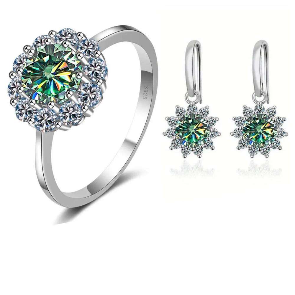 Women's Moissanite Diamond Jewelry set Flower shape S925 Sterling Silver Ring Earring Two Piece Set For Wedding Customized 41c