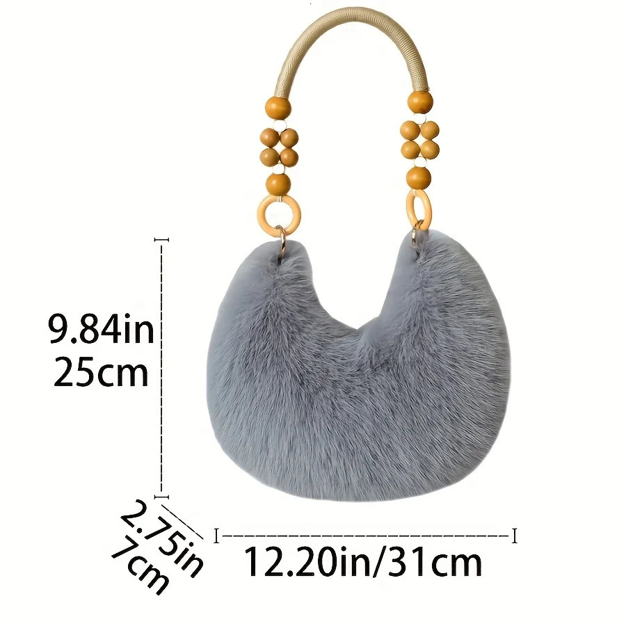 Womens Faux Handbag Plush Tote Purse with Bead Accented Strap Zipper Clre Elegant Handbags Shoulder Bags for Everyday 251216