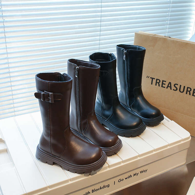 Girls' Children's 2025 Winter New Style Big Kids Leather Long High Tube Princess Fleece-Lined Boots