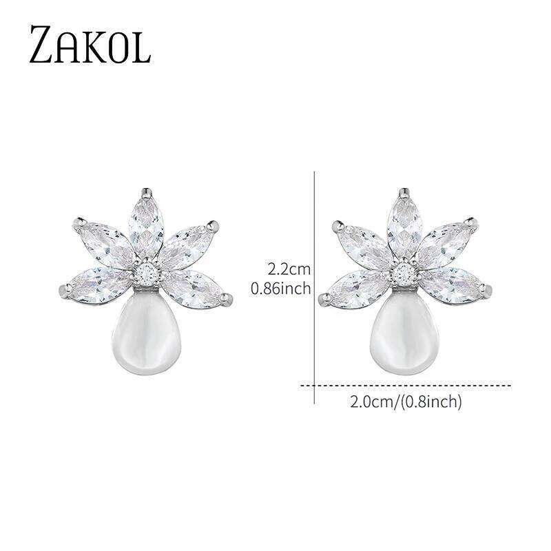 ZAKOL Fashion Simple Leaf Cubic Zirconia Pearl Drop Stud Earrings for Women Elegant Bride and Bridesmaid Earring