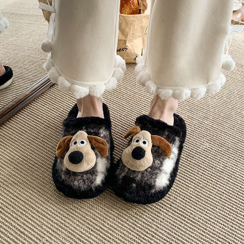 2026 Winter New Brown Cute Cartoon Dog Furry Slippers Women Warm Non-Slip Home Cotton Slippers Suitable for Outdoor Wear