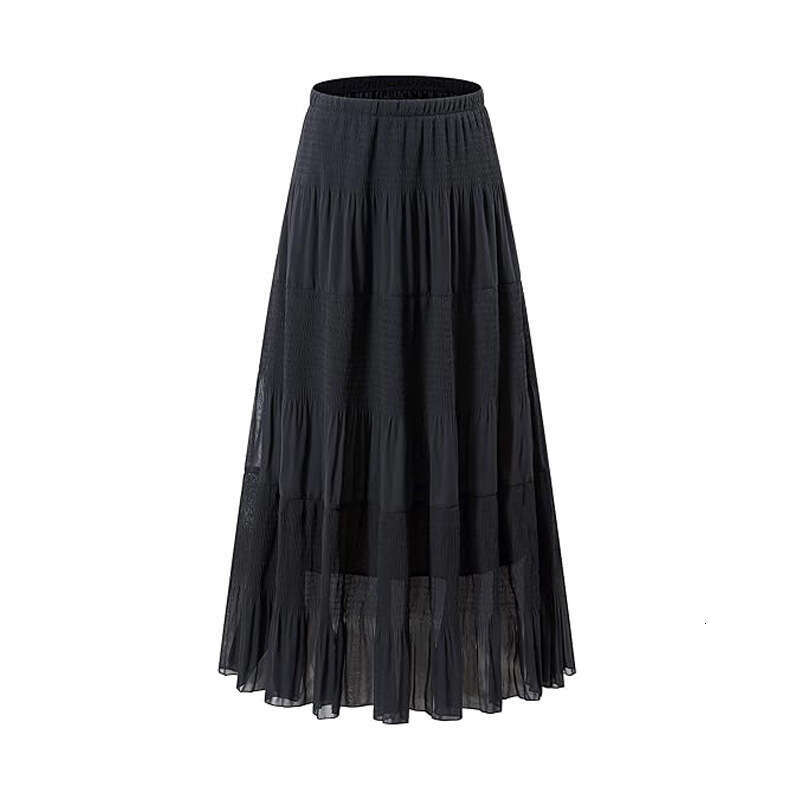 Women's Casual High-Waisted Elastic Waistband Ruched A-Line Flared Layered Long Half Skirt