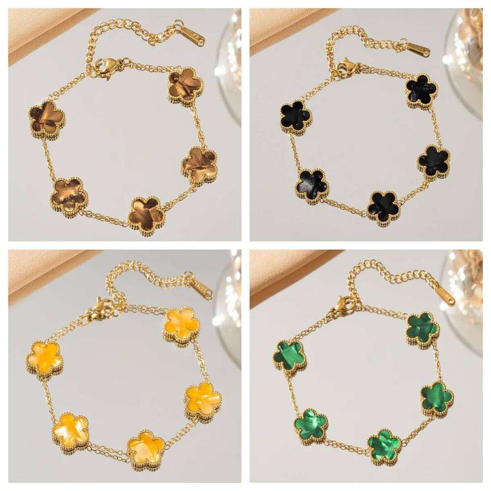 Double Sided Five-Leaf Flower Bracelet For Women Adjustable 18k Plated Gold Stainless Steel Five Point Star Clover Party Jewelry 25H1229