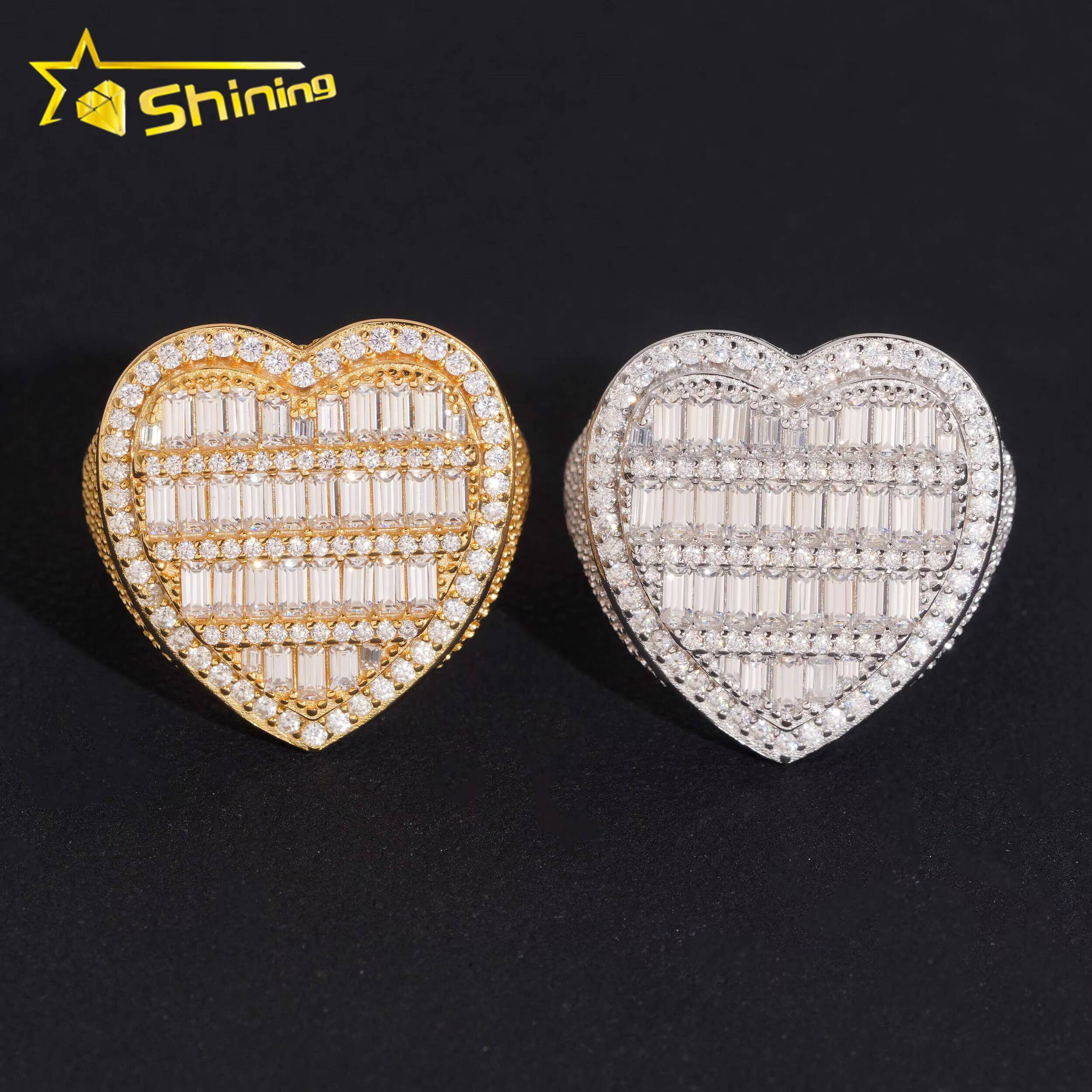 Heart Shape Baguette Moissanite 925 Sterling Silver Gold Plated Hip Hop Iced Out Cross Mens Rings