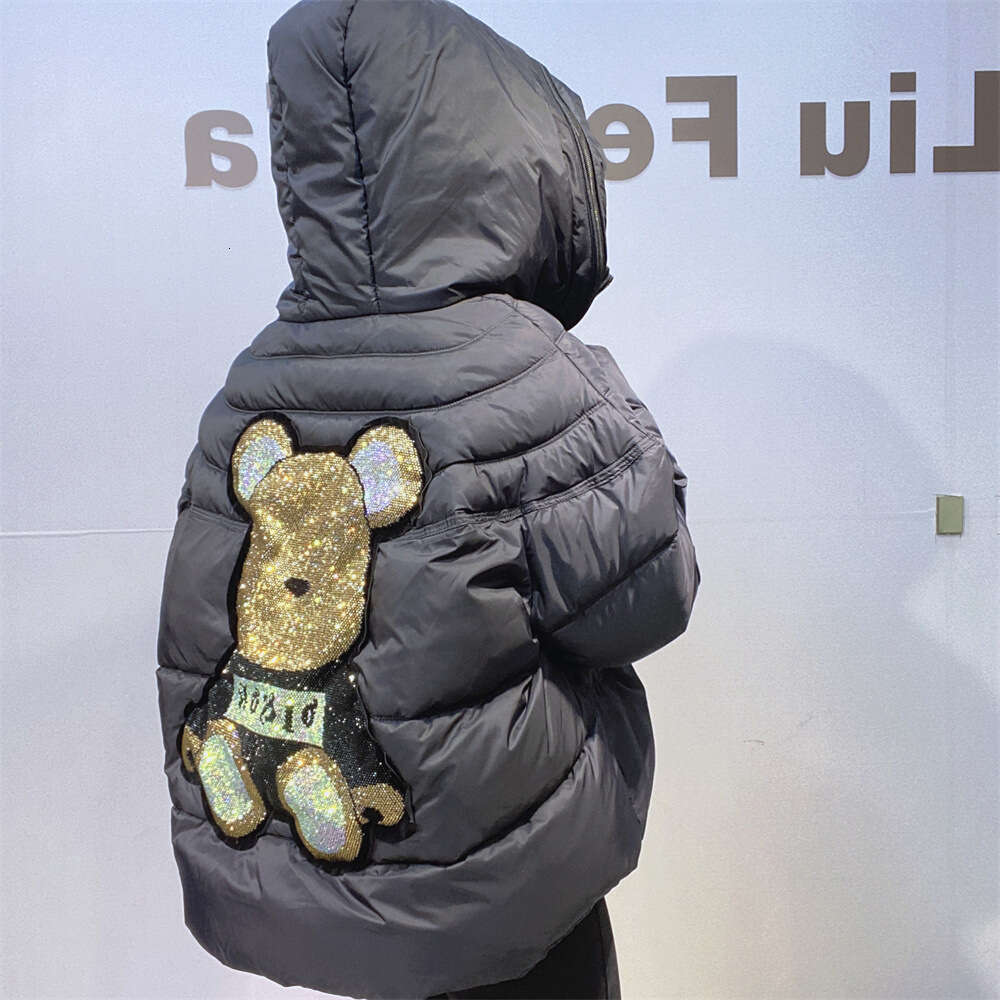 2025 Winter Warm Jacket For Women, Front And Back Heavy Rhinestone, Colorful Short Loose Thickened Hooded Cotton Coat Trend