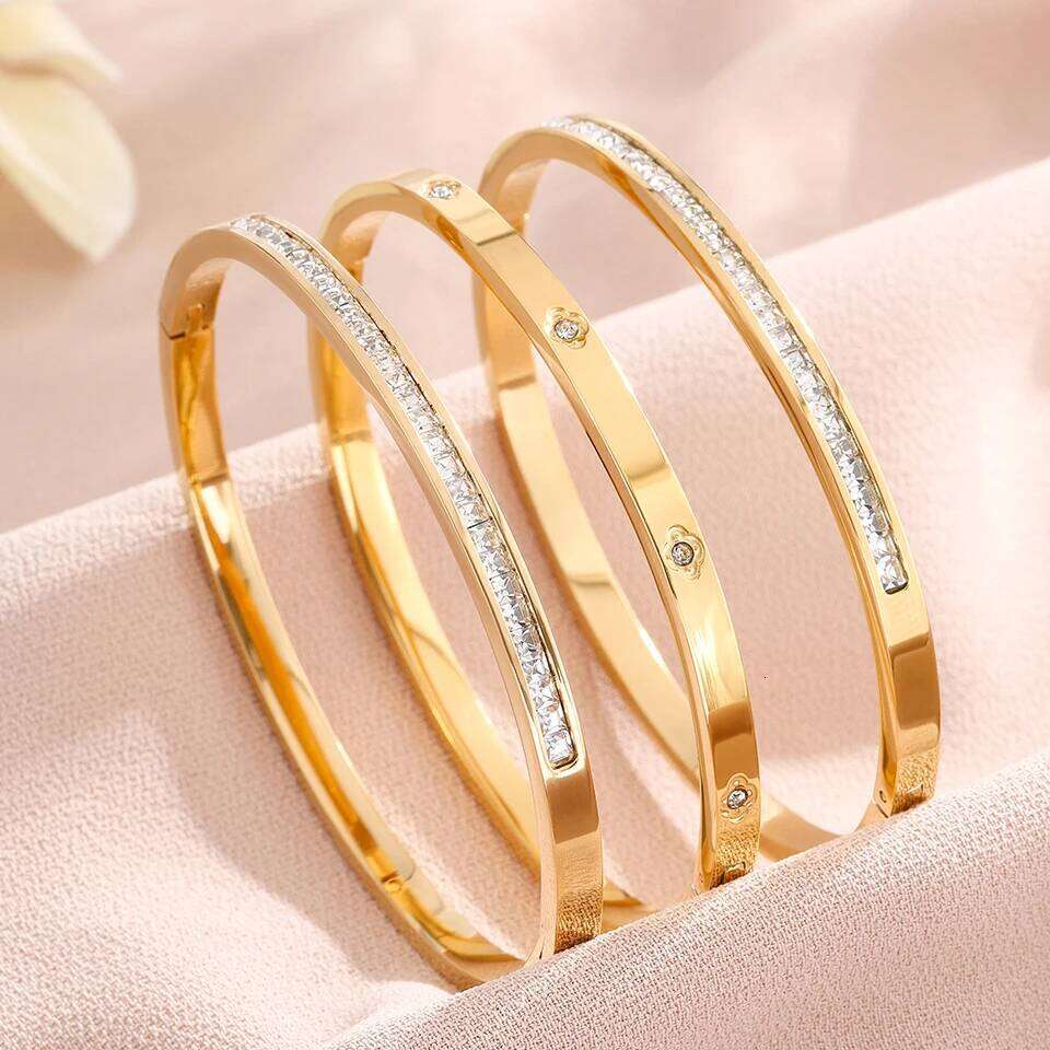 ZAKOL 3pcs Classic Stainless Steel Bracelet for Women Sliver/Gold Color Shiny Zircon Inlaid Non-fading Stacked Jewelry