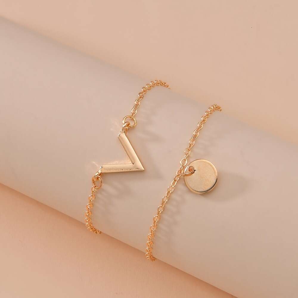Fashion New V-Shaped Pendant Coin Charm Double-Layer Anklet Stainless Steel Simple Forest Style Jewelry for Women 2024