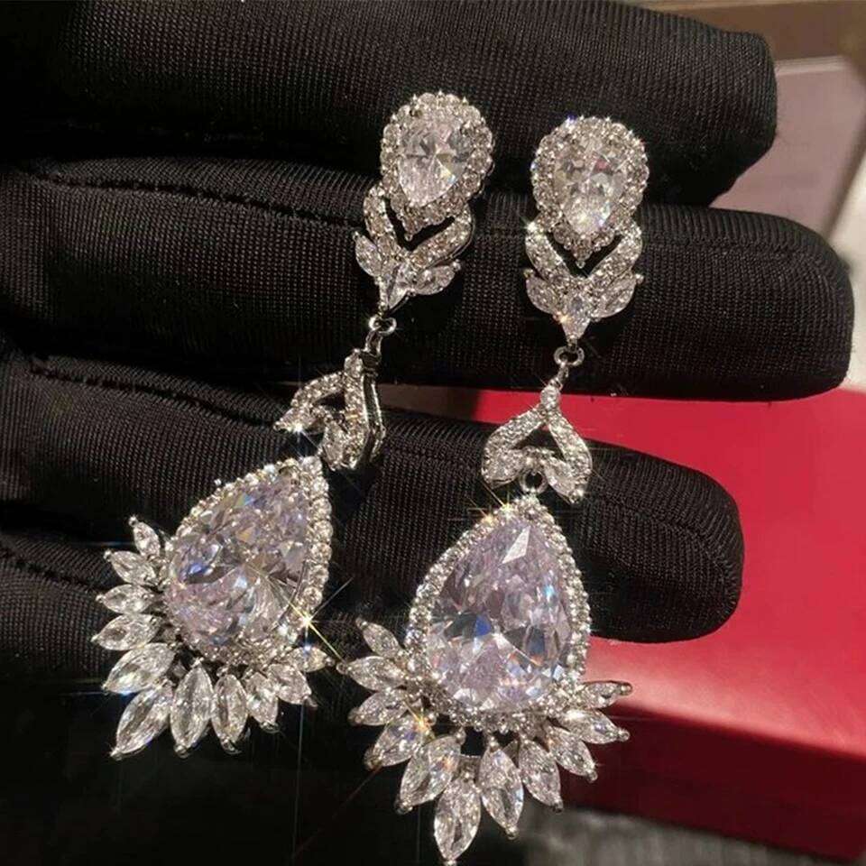 ZAKOL Luxury Clear AAA Zircon Big Dange Earring for Women Gorgeous Sliver Color Banquet Wedding Party Jewelry