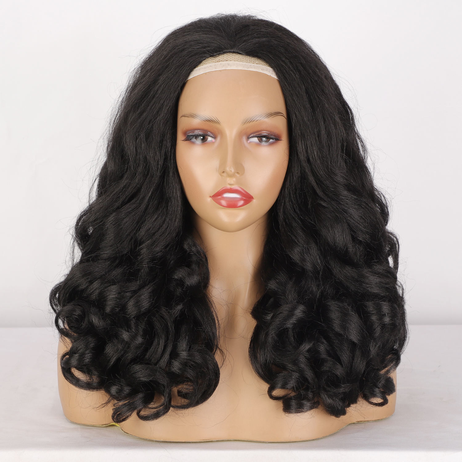 Short wave heat resistant synthetic wig, black, women's natural black headband curly wig, wholesale at affordable prices