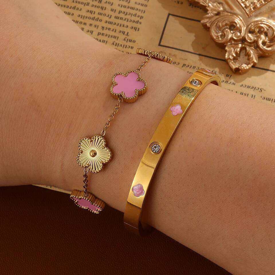 ZAKOL New 2pcs/1Pcs Black White Pink Shell Four-leaf Flower Stainless Steel Bracelet for Women Stylish Stackable Jewelry Gift 25H1229