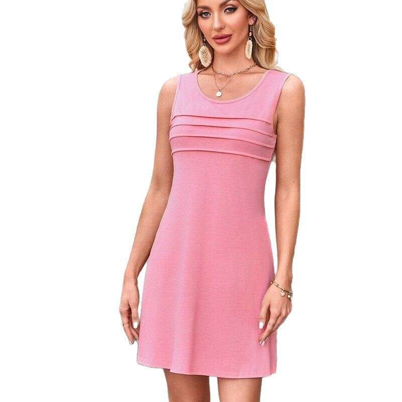 Dress for women Ruched Printed Pocket 2026 Fashion Hot-Selling Casual Round Neck Sleeveless Dress, Daily Casual Wear