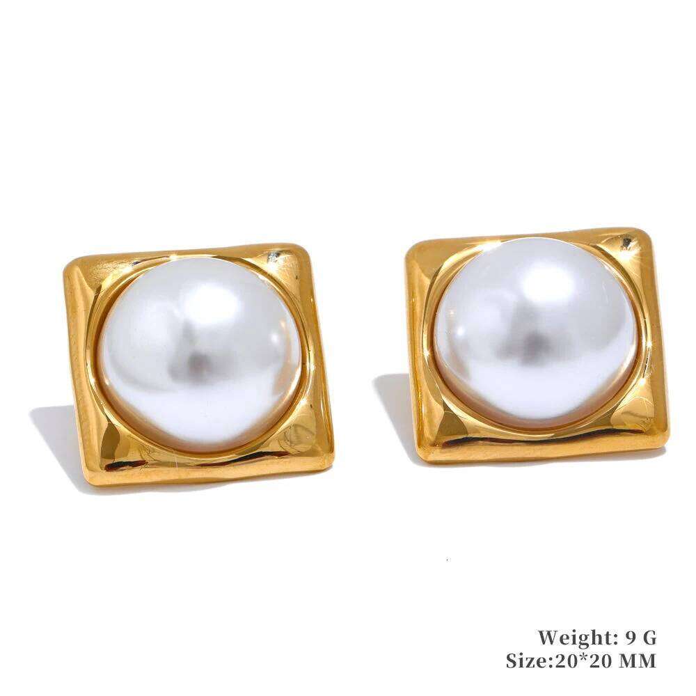 Yhpup Korean Style Simulated Pearls Square Geometric Stud Earrings Golden Stainless Steel Attractive Chic Jewelry Wholesale Liuyuemoshang