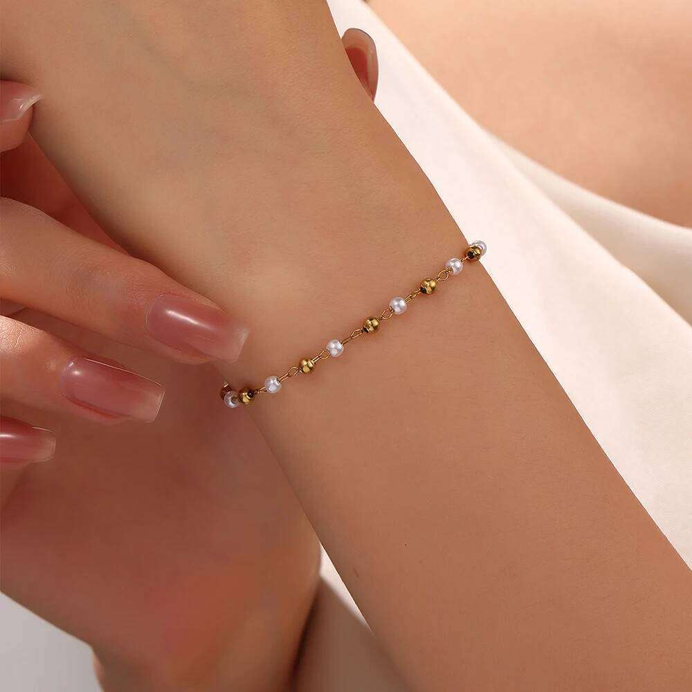 316L Stainless Steel Bracelet For Women Gold Color Pearl Beads Chain Bracelets Jewelry 25H1229
