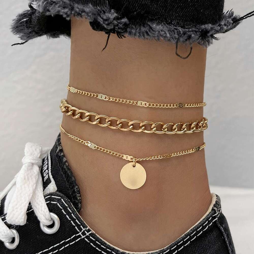 Cross-Border Geometric Round Coin Pendant Anklet Multi-Layer Ankle Chain Fashion Personality New Product 2024