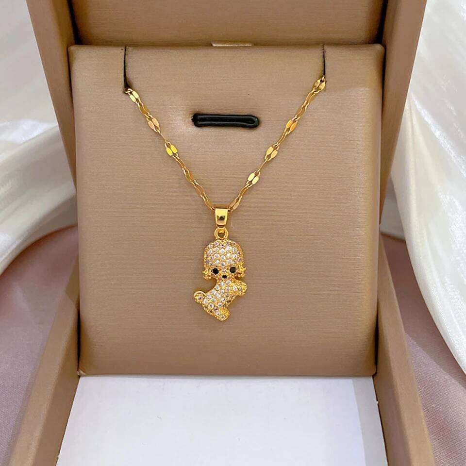ZAKOL Cute Cartoon Dog CZ Pendant Necklace Shiny Zircon Crystal Titanium Steel Chain Animal Necklaces Party Jewelry