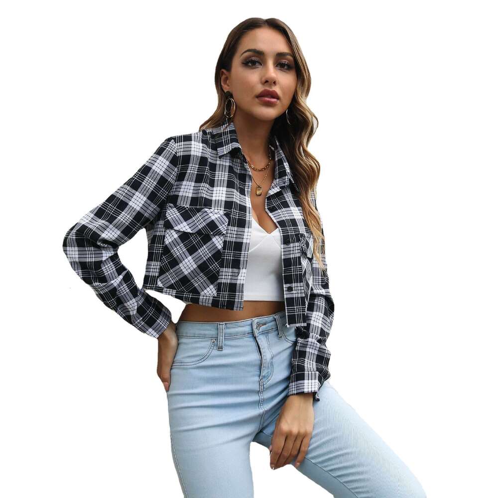 Fashion 2026 Plaid Zebra Pattern Pocket Long Sleeve Shirt Crop Top Cardigan Thin Jacket Women Retro checked shirt jacket for women, Spring and Autumn 