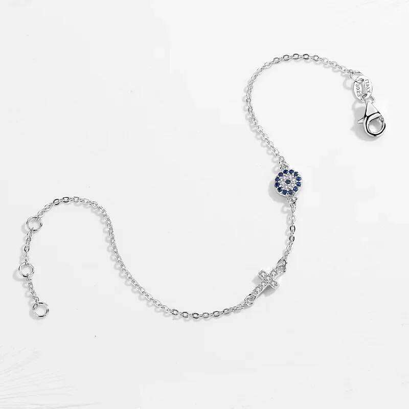 Kaletine Charm Blue Evil Eye Cross Bracelet 925 Sterling Silver Small Bracelets For Women Hamsa Good Luck CZ Jewelry KLTB056 25H1229
