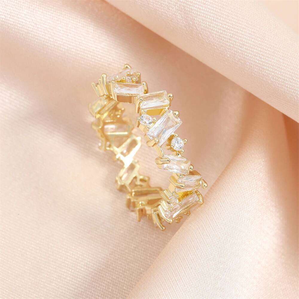 ZAKOL Fashion Luxury Multicolor Charm AAA Baguette Cubic Zirconia Wedding Rings for Women T Shape Stone Party Jewelry RP5083