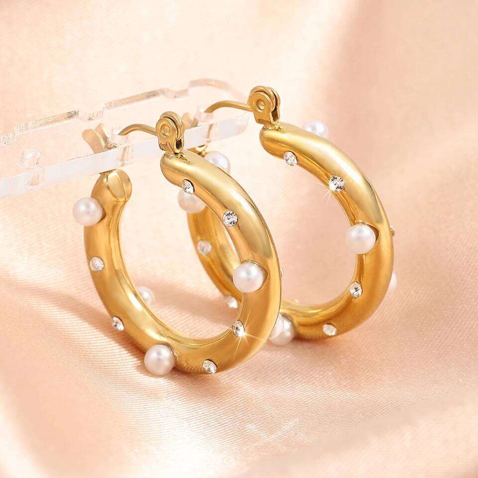 ZAKOL Y2K Trendy U Shape Stainless Steel Round Earrings For Women Girls Gold Color Imitation Pearl Crystal Ears Jewelry Gifts