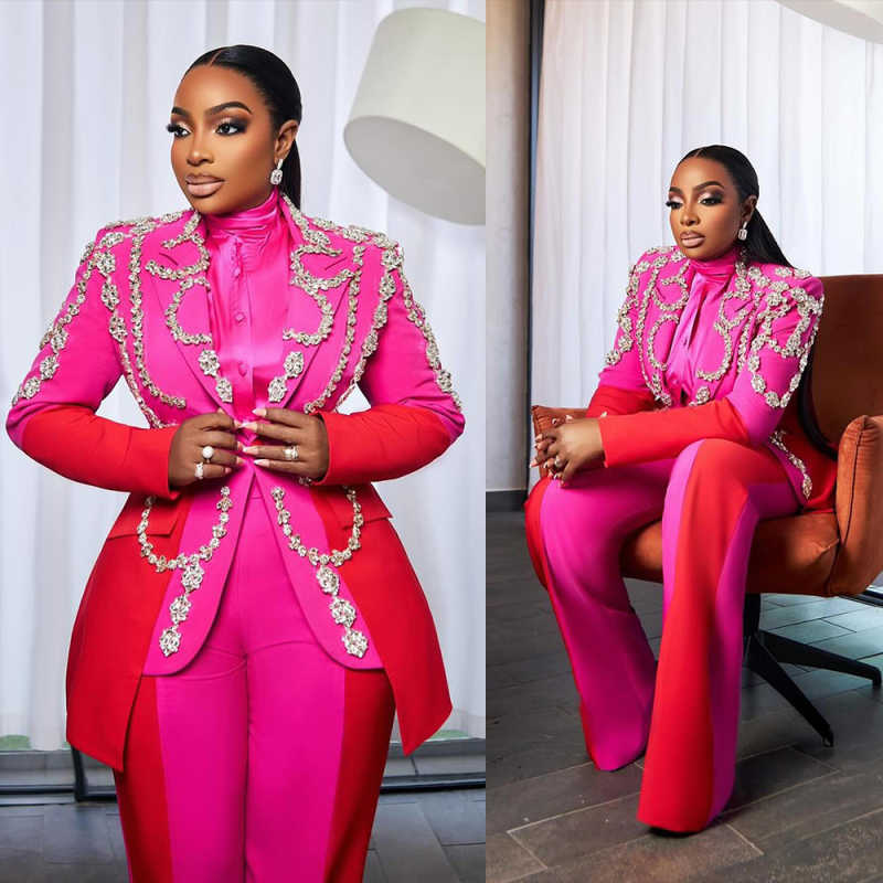 Luxury Custom Made Women Suits 2 Pieces Blazer Pants Notched Lapel One Button Rhinestone Appliques Formal Business Office Plus Size