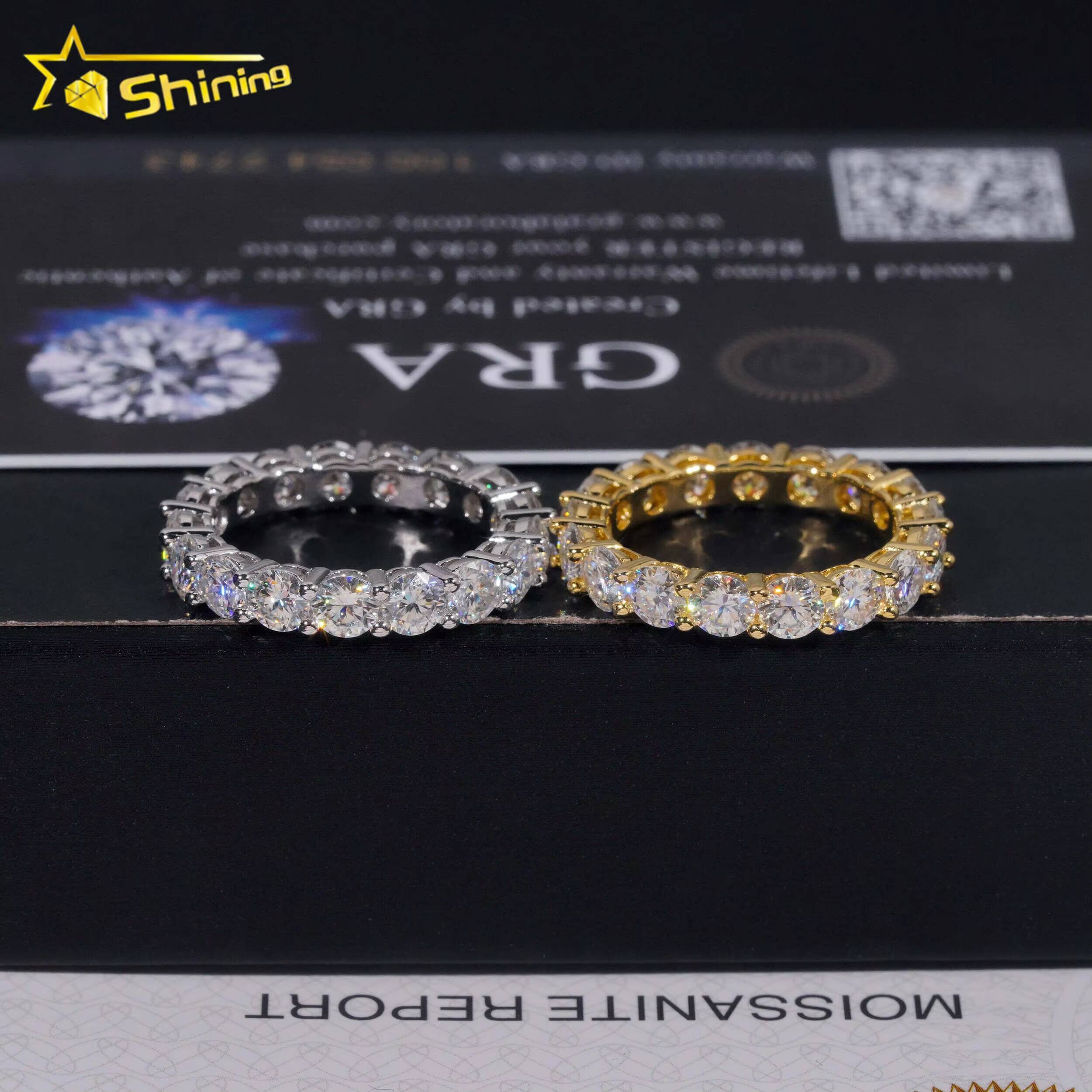 Stocks Solid 925 Sterling Silver Gold Plated Hip Hop Jewelry Luxury Fully Iced 4mm Diamond Moissanite Band Ring Eternity Rings