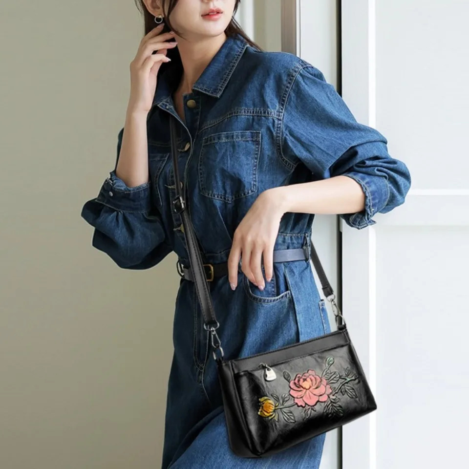 Genuine Top Quality Pu Leather Vintage 3D Floral Embossed Crossbody Bag Elegant Shoulder Casual Female Messenger 251216