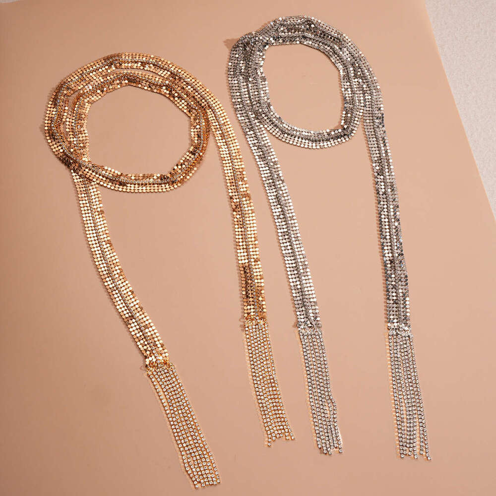 Exaggerated Metallic Rhinestone Long Tassel Necklace Waist Chain Light Luxury High-end Cross-border Niche Personality Jewelry