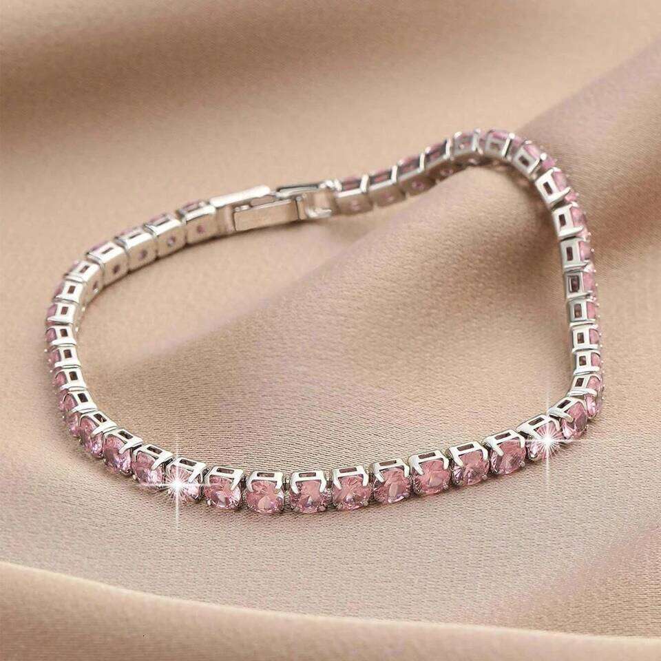 ZAKOL 2 Pcs Set 4 MM Round Zircon Tennis Bracelet for Women Shiny Geometric Pink AAA Cubic Zirconia Fashion Jewelry Gifts