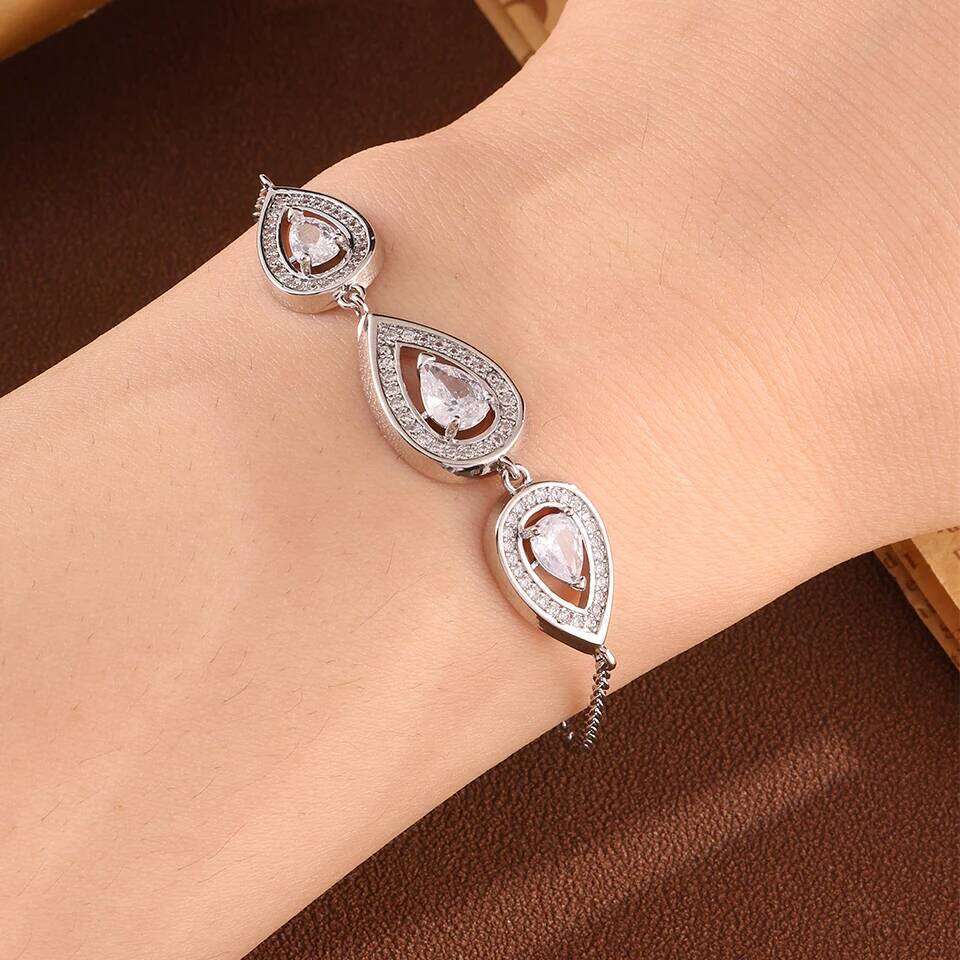 ZAKOL Luxury Three Pear-shaped Water Drop Shiny Zircon Charm Bracelet for Women Female Exquisite Jewelry Gift
