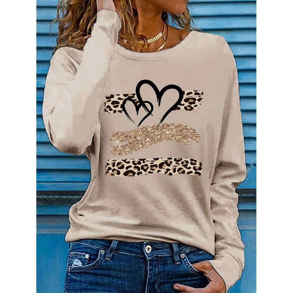 Women's Spring And Autumn 100% Cotton Fashion Casual Loose Leopard Heart Pattern Printed Round Neck Long Sleeve T-Shirt ZHE HAN
