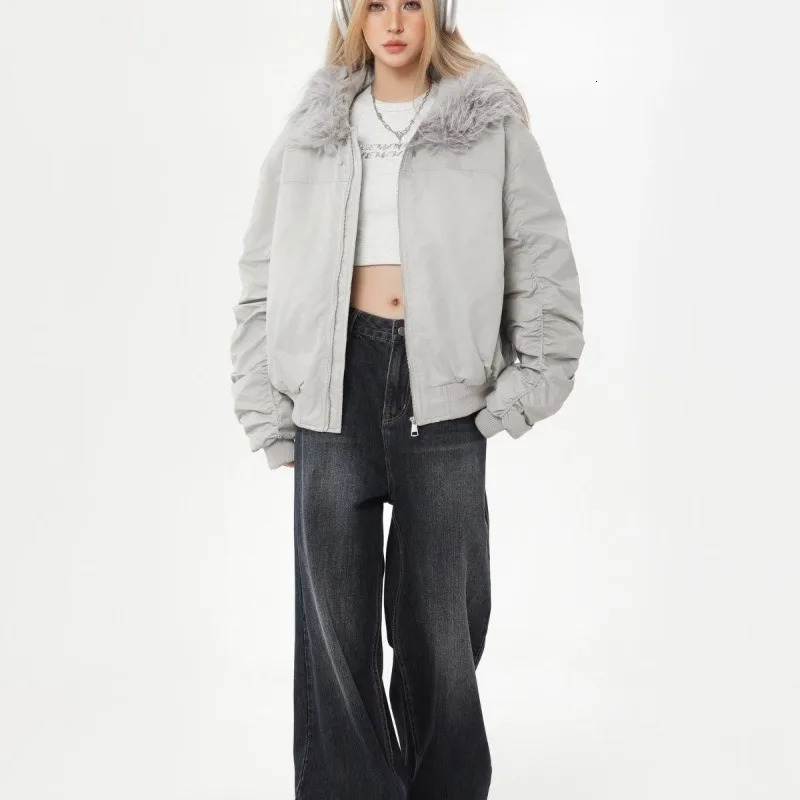 American Street Solid Color Hooded Fur Coat Cotton-padded Jacket Female Y2K Harajuku Casual Jacket Coat 251223