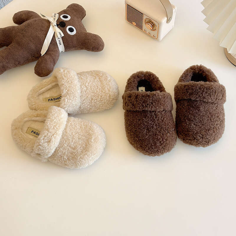 INS Closed-Toe Half 2024 Autumn Winter New Korean Style Children's Fleece-Lined Two-Way Wear Fluffy Lazy Slip-On Slippers
