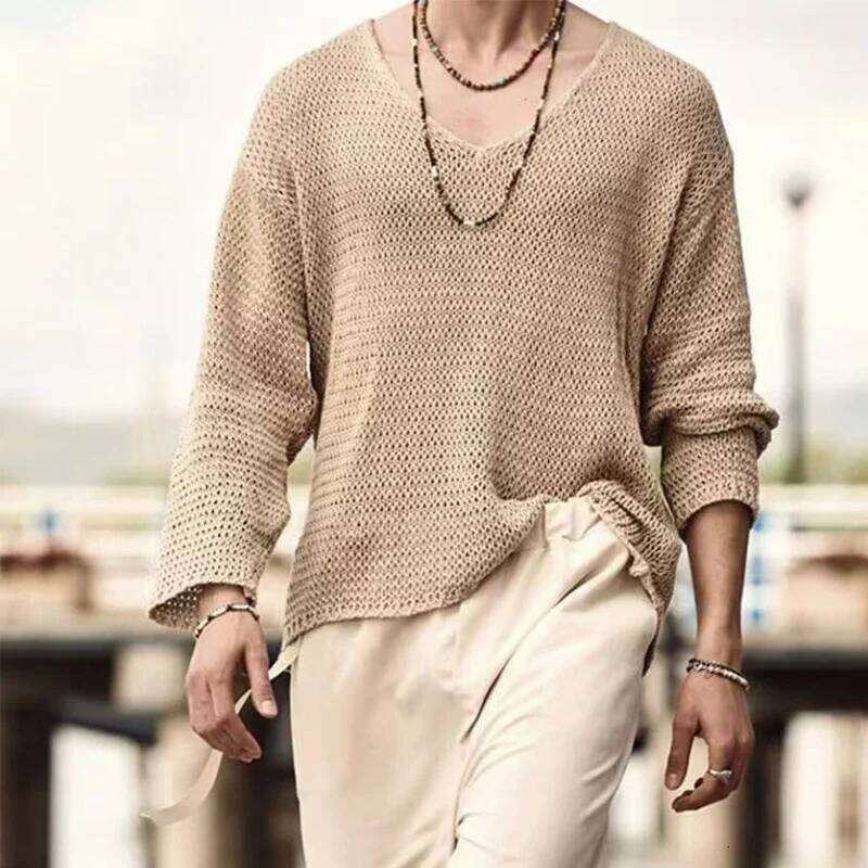 2025 New Men's Loose Long Sleeve Casual Hollow Knitted Sweater Outer Shirt Fashion Versatile Top