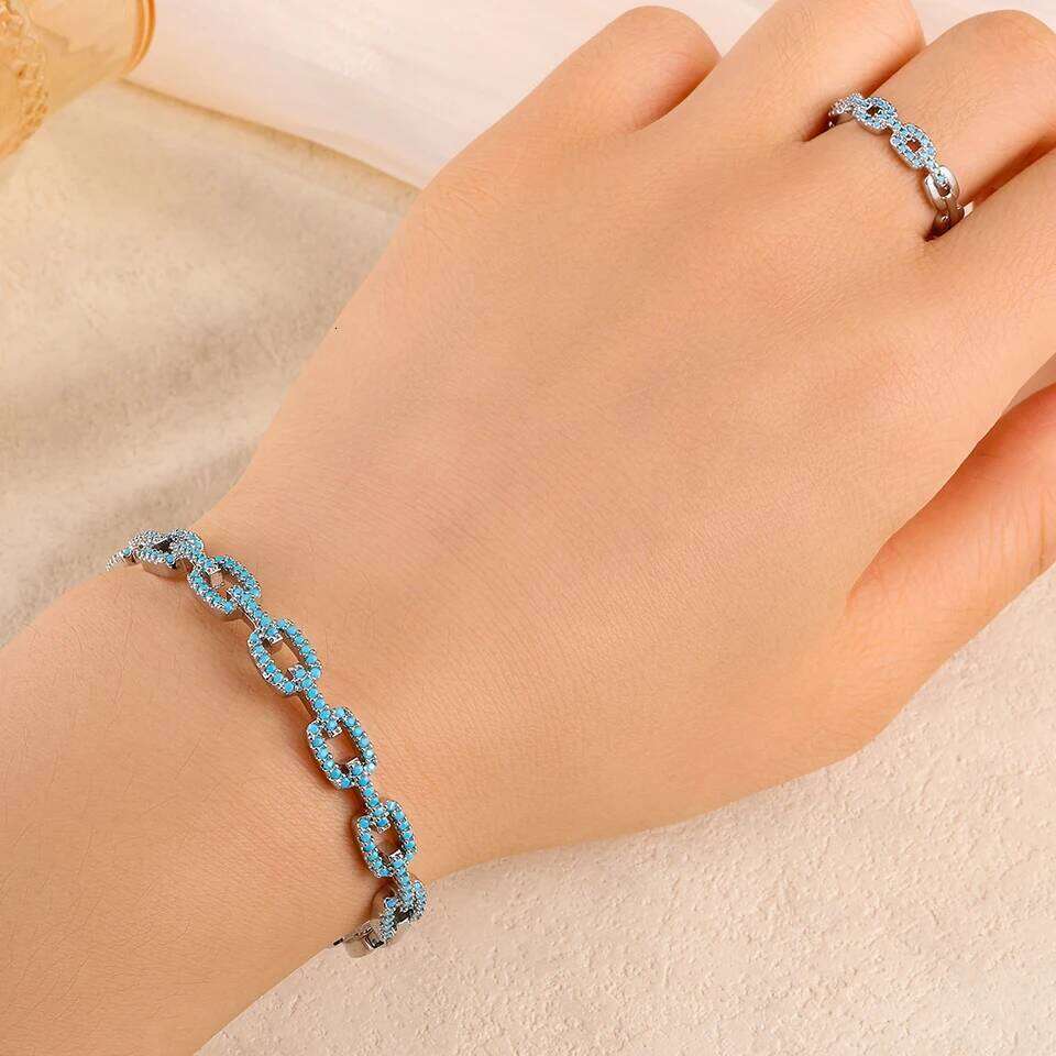 ZAKOL New Niche Design Turquoise CC Shape Open Bracelet Ring Set for Women Buling Zircon Exquisite Wedding Party Jewelry