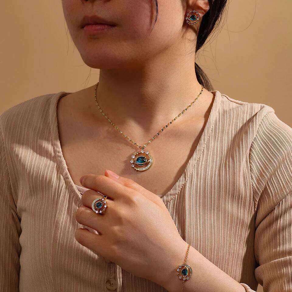 ZAKOL 5pcs Blue Space Planet Moon Zircon Jewelry Set Sliver Gold Color Stainless Steel Bracelet Necklace Ring Earrings Gift